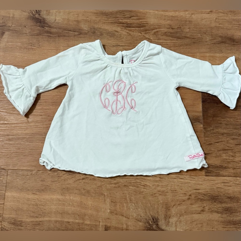 Ruffle Butts White Kids Top with Pink Embroidery